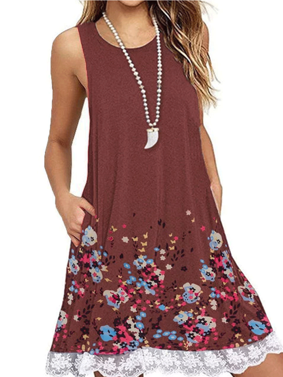 Lace Panel Print Sleeveless Dress