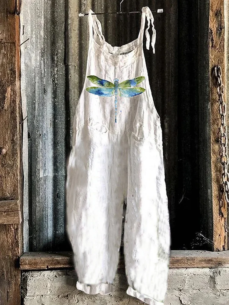 Dragonfly print cotton overalls