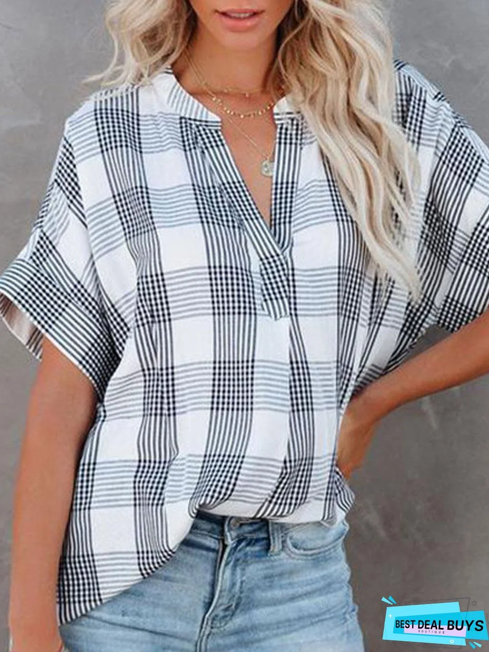 Check Print Casual Loose Short Sleeve Blouse