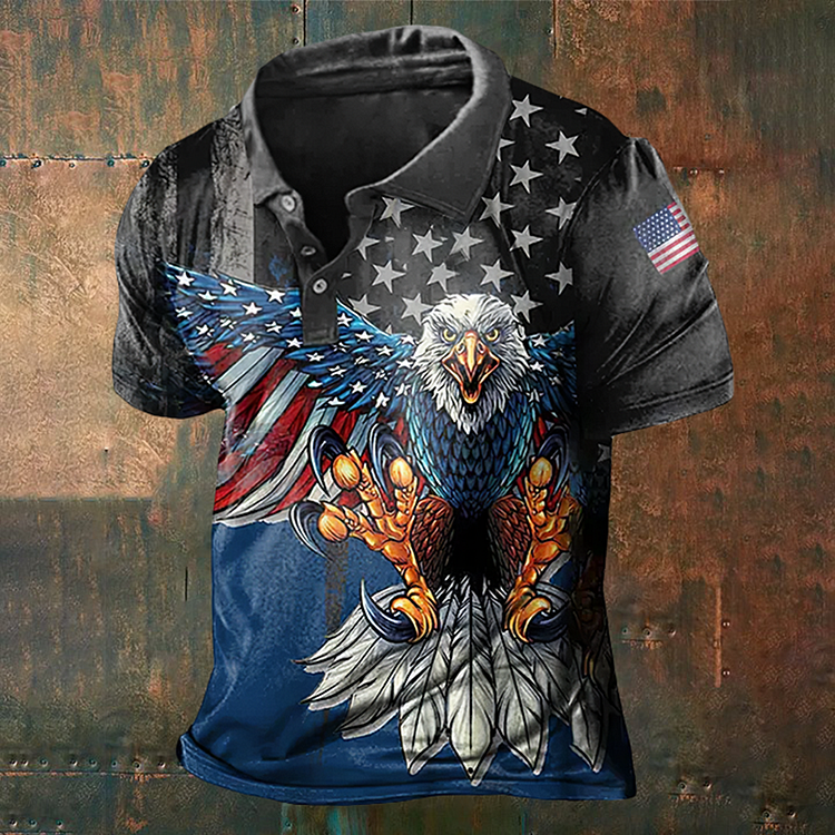 BrosWear Men'S Flag Eagle Print Polo Shirt