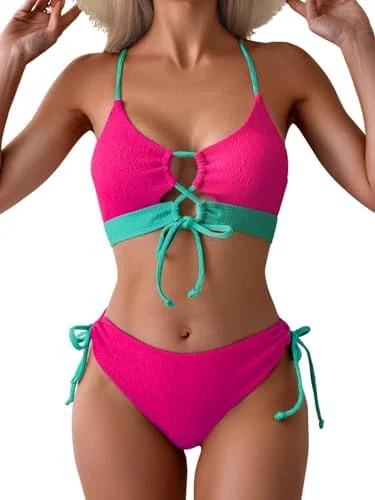 Women's Sexy Bikini Set Color Block Lace Up 2 Piece Bathing Suit Tie Side Swimsuit