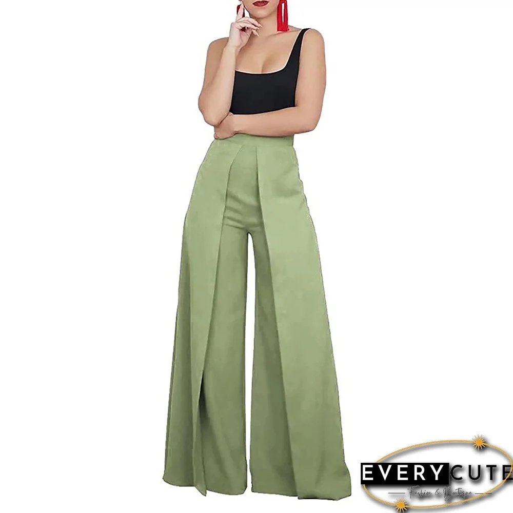 Light Green Back Zipper Casual Wide Leg Pants