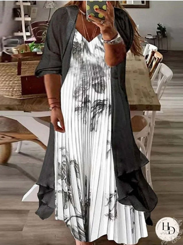 Plus Size Two Piece Dress Casual Dress Floral V Neck Maxi Dress Print Half Sleeve Fall Spring Dress Casual Daily Vacation Dress for Women