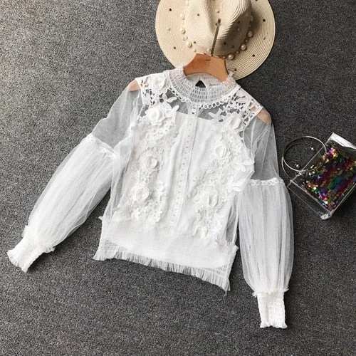 Sexy Sheer Lace Lantern Sleeve 3D Floral Elegant Blouse