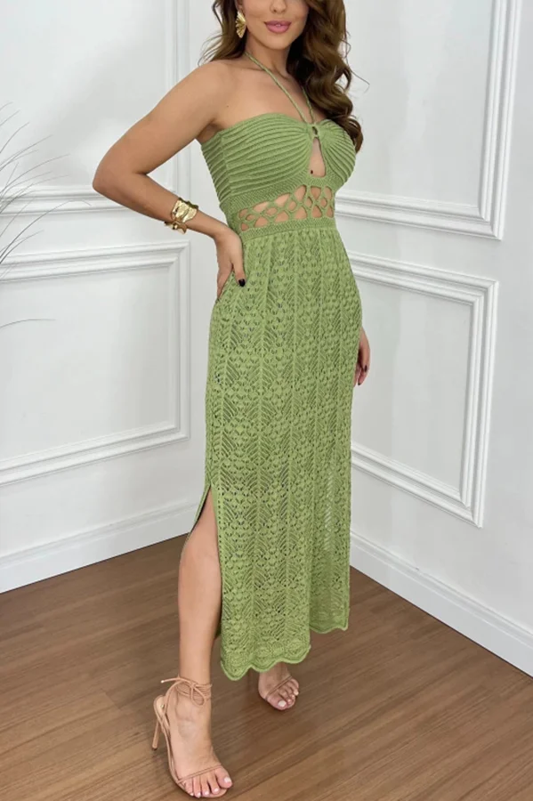 Avena Crochet Knit Cutout Waist Halter Texture Slit Maxi Dress