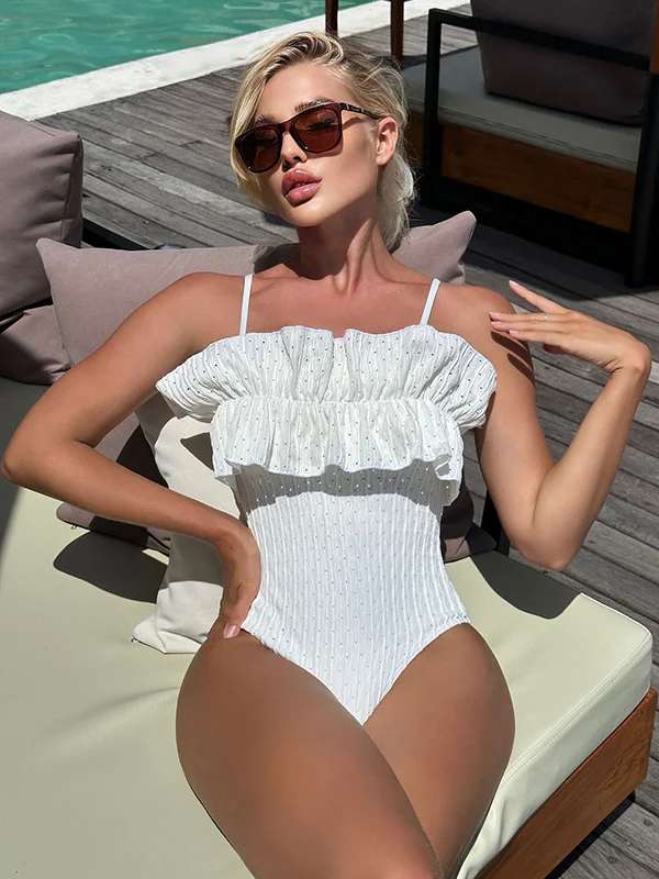 Padded Lacy Ruffled Solid Color Spaghetti-Neck One-Piece Swimwear