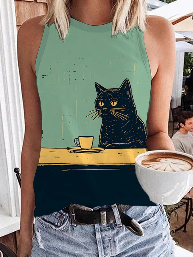 Women's Black Cat Chilling Coffee Art Print Round Neck Sleeveless Tee