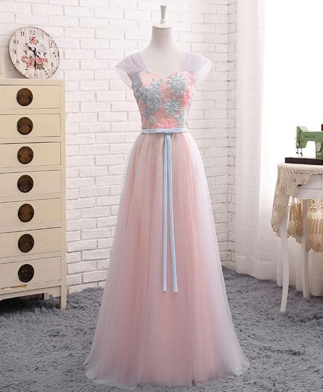 Pink A Line Sweet Neck Lace Tulle Long Prom Dress, Evening Dress