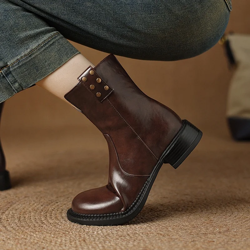 Breakj Breakj Plus Size Boots Vintage Round Head Western Boots Thick Heel Ankle Boots Women's Fall New Style Side Zipper Low Heel Skinny Boots