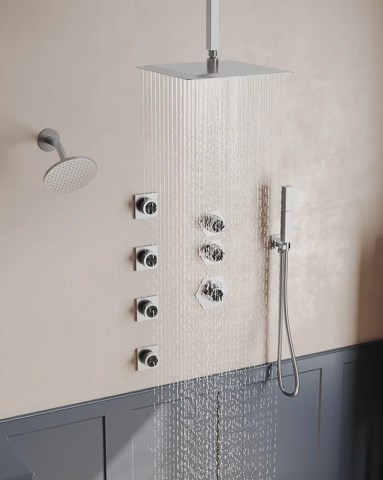 EVERSTEIN SFS-1039-NK12 12" Dual Rainfall Shower Faucet with 8-Spray Patterns, Ceiling Mounted and Rough-in Valve