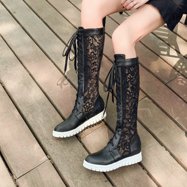 Mesh floral lace embroidery lace-up knee high boots for women