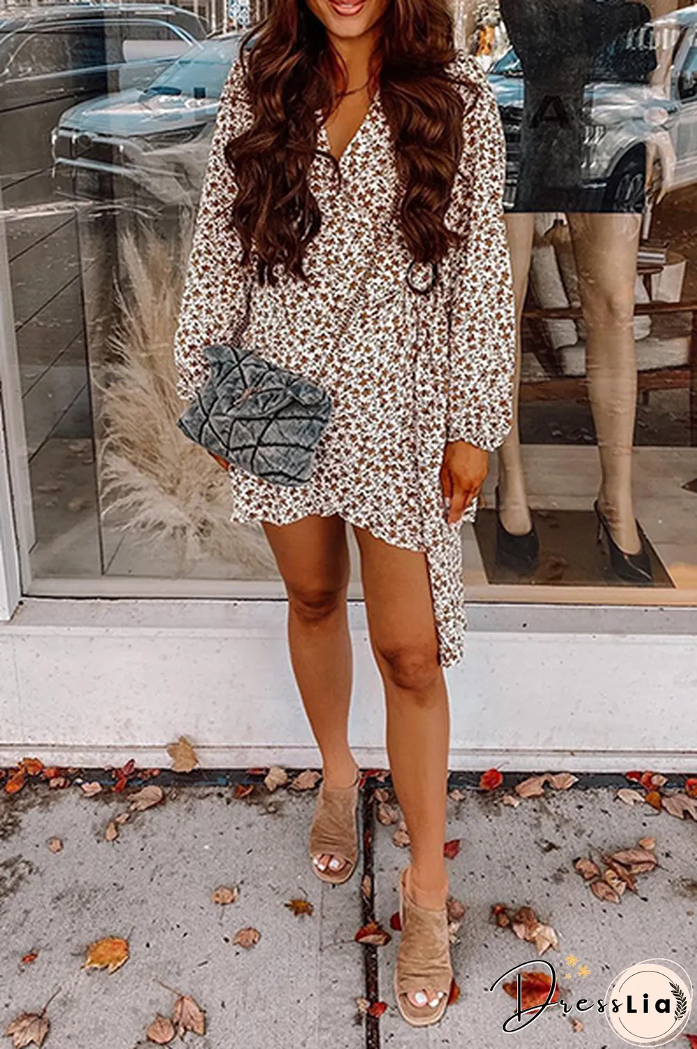 Fashion Casual Floral Split Joint Frenulum V Neck A Line Dresses