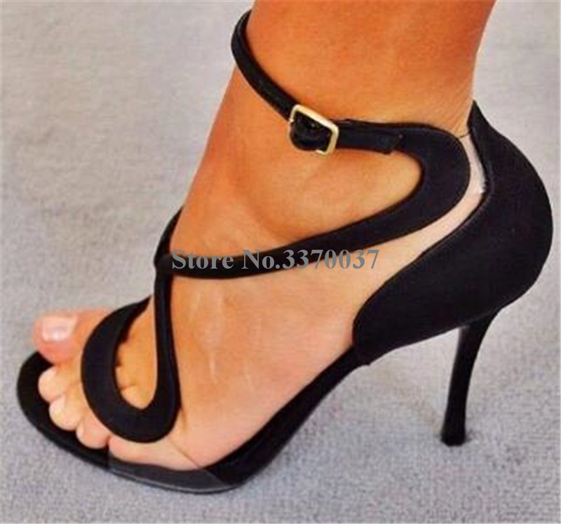 VCSHOES Women Open Toe Black Suede Leather Stiletto Heel Gladiator Sandals PVC Straps Patchwork High Heel Sandals Club Shoes