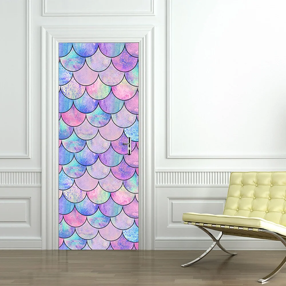 Athvotar 3D Mermaid Watercolor Scales Door Sticker Self Adhesive Wallpaper DIY Renovation Waterproof Poster Home Decor Decal