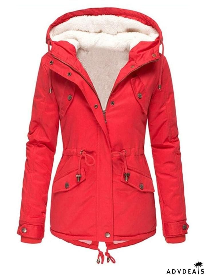Cozy Fur Lining Full Zipper Waist Drawstring Pocket Hooded Coat