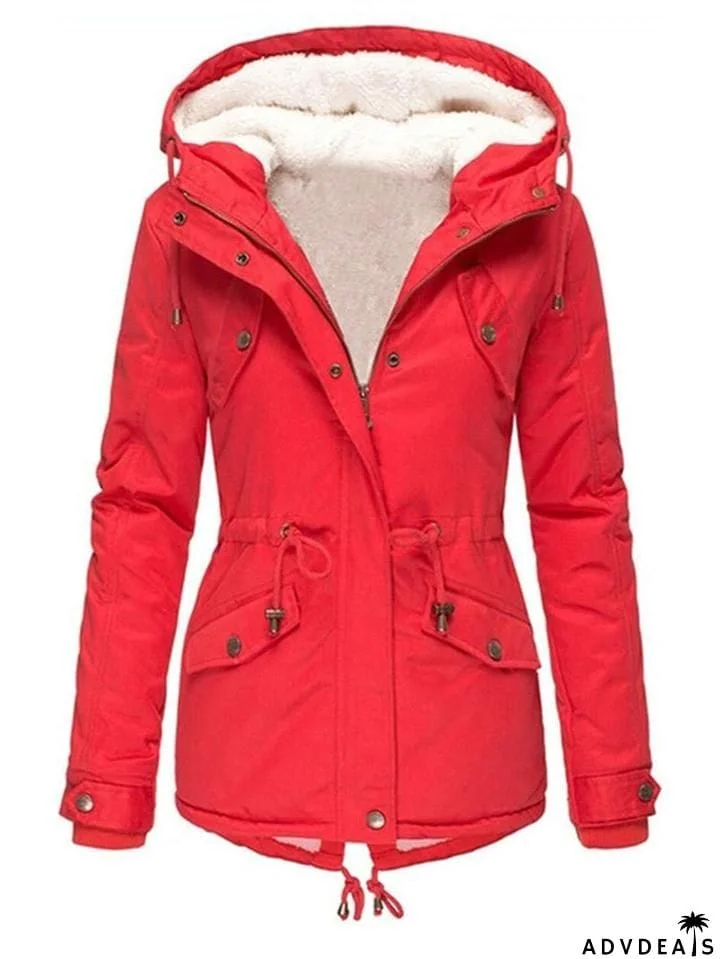 Cozy Fur Lining Full Zipper Waist Drawstring Pocket Hooded Coat