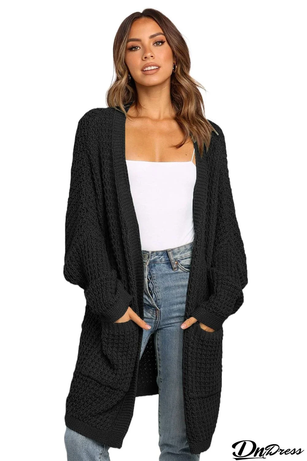 Beige Long Line Open Front Knitted Cardigan with Pockets