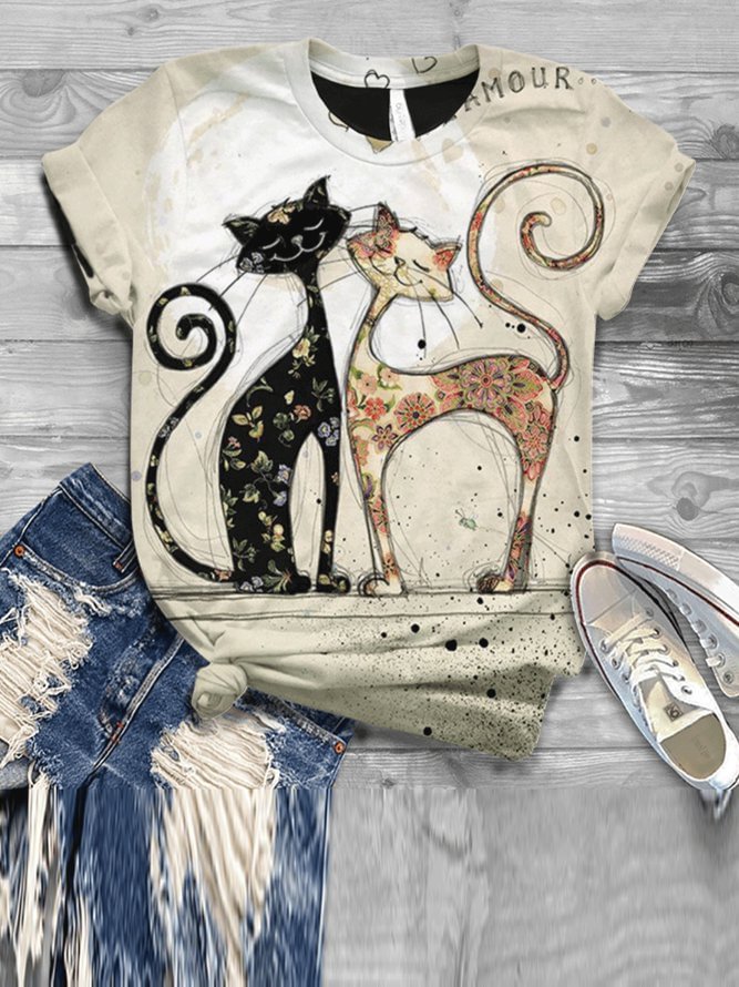 Cat Pattern Floral-Print Casual Shirts & Tops