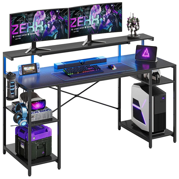 Bestier Gaming Desk with Monitor Stand & LED Light 55" Computer Desk Home Office Desk Corner Desk