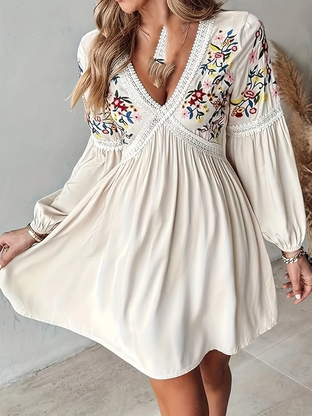 Women's Bohemian Floral Lace Trim & Deep V-Neck Dress - Elegant Long Sleeve Mini Party & Vacation Outfit With All-Season Wear, Intricate Floral Embroidery, Structured Waist Accent - Lightweight Breathable Fabric For Women