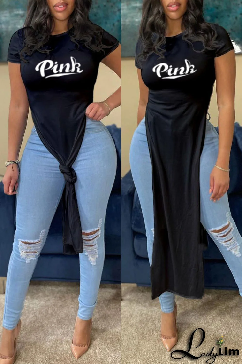 Orange Fashion Casual Letter Print Slit O Neck T-Shirts