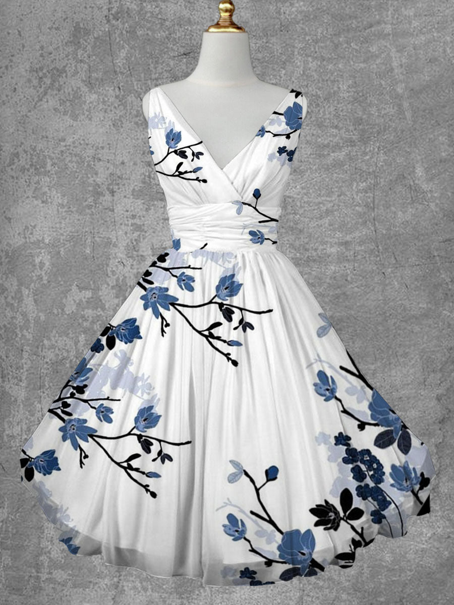 Floral Print V-Neck Vintage Fashion Sleeveless Midi Dress
