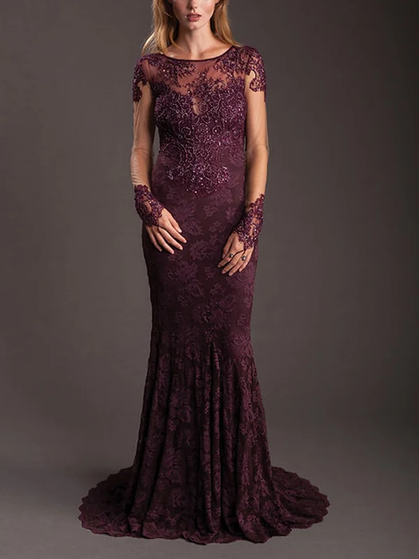 Round Neck Lace Solid Color Long Sleeves Maxi Dress