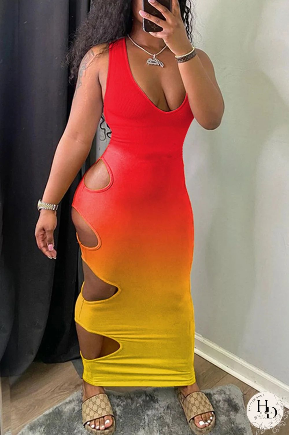 Red Fashion Sexy Gradual Change Print Hollowed Out U Neck Vest Dress