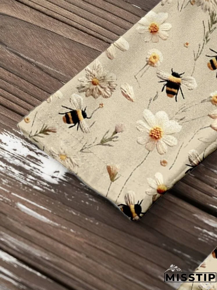 Women's Casual Bee & Flower Print T-Shirt For Autumn