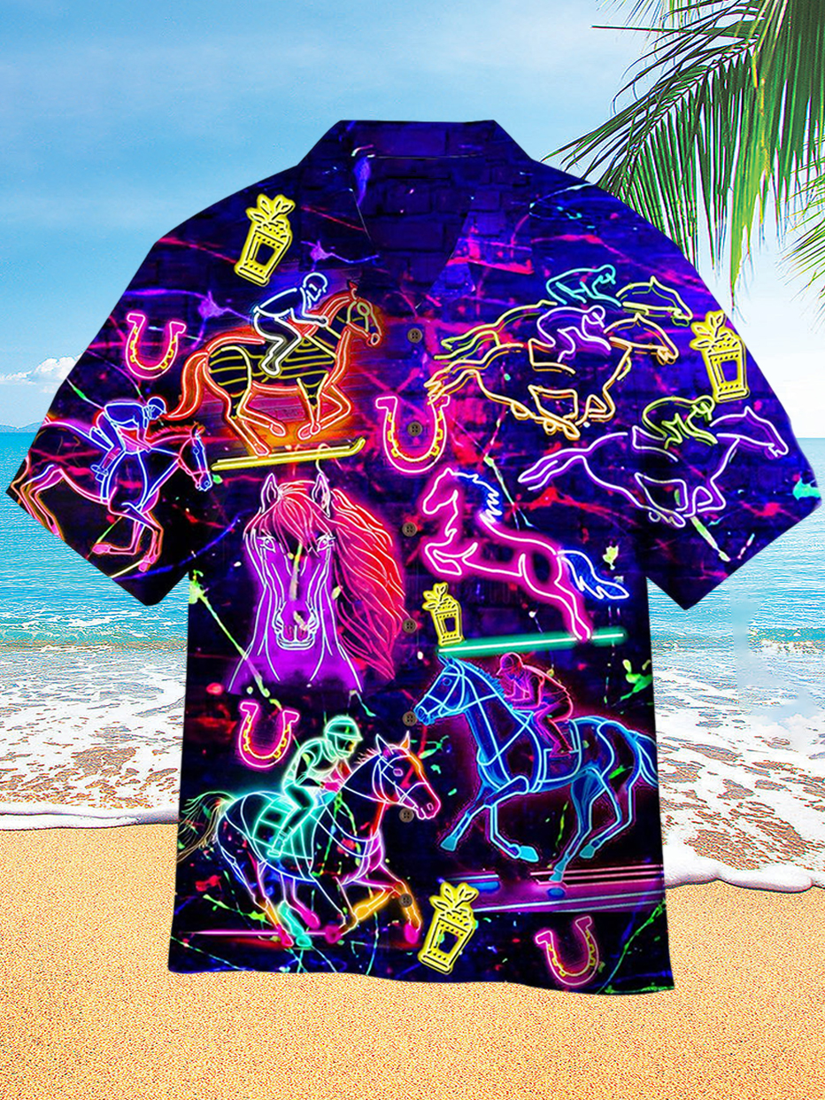 Neon Jockey Club Hawaiian Men's Short Sleeve Cuban Collar Shirt ​ PLUSCLOTHESMAN