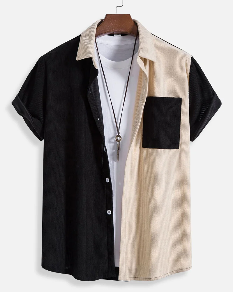 Men's Contrast Patchwork Corduroy Short-Sleeved Shirt 0756