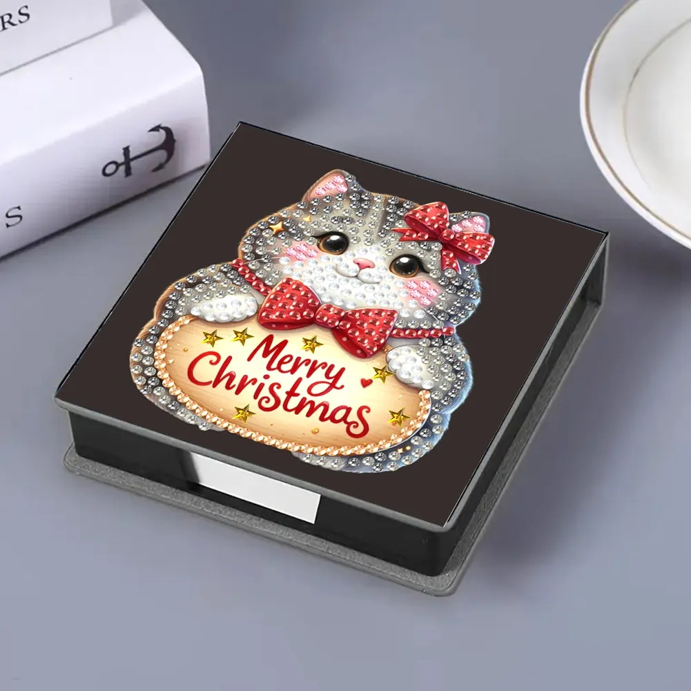 5D DIY PU Diamond Art Note Box with 160 Sheets Paper Memo Pad Holder Kit (Cat)