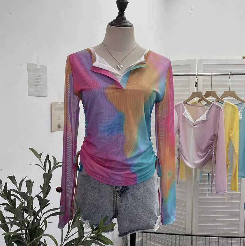Churchf Fake Two Sunscreen Long-Sleeved T-Shirt Women Autumn Design Dizzling Drawstring Folding Short Top 9938