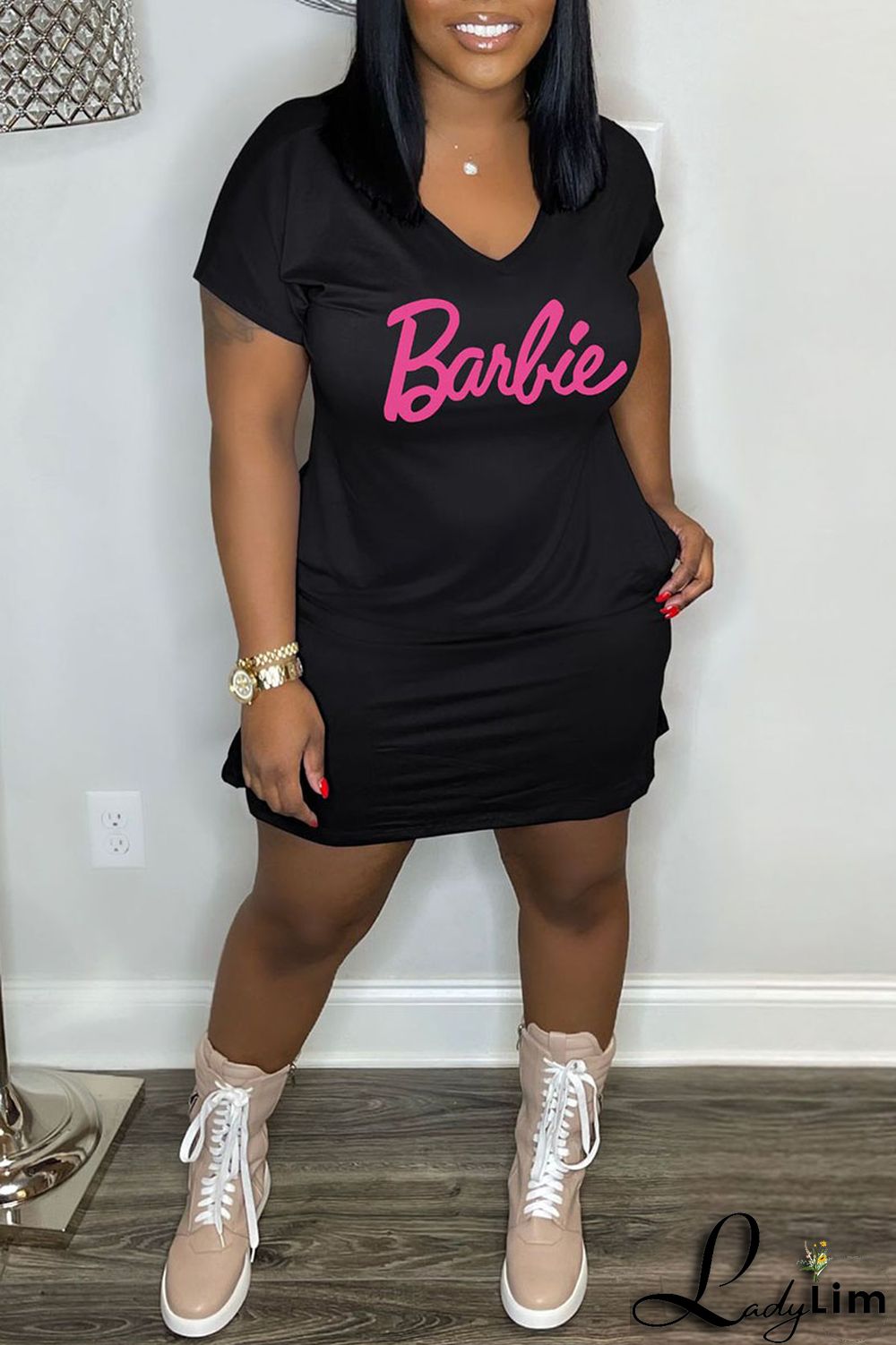 Pink Casual Print Patchwork V Neck Straight Dresses