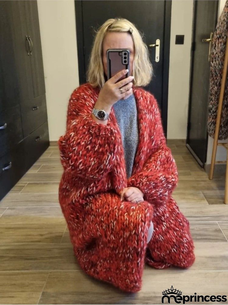 Womens Mohair Sweater Red Mélange  Knitted O-neck Long Cardigans Women