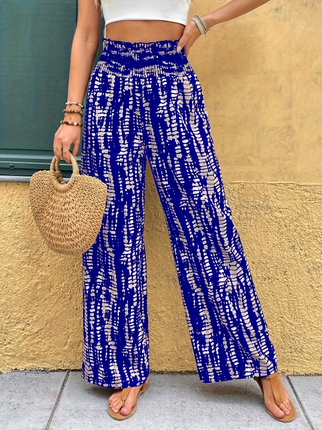 Women's High-Waist Wide Leg Pants With Abstract Geometric Print - Stretchy, Elegant Black & White Design, Perfect For Spring/Summer Casual Wear, High Waisted Legging | IFYHOME