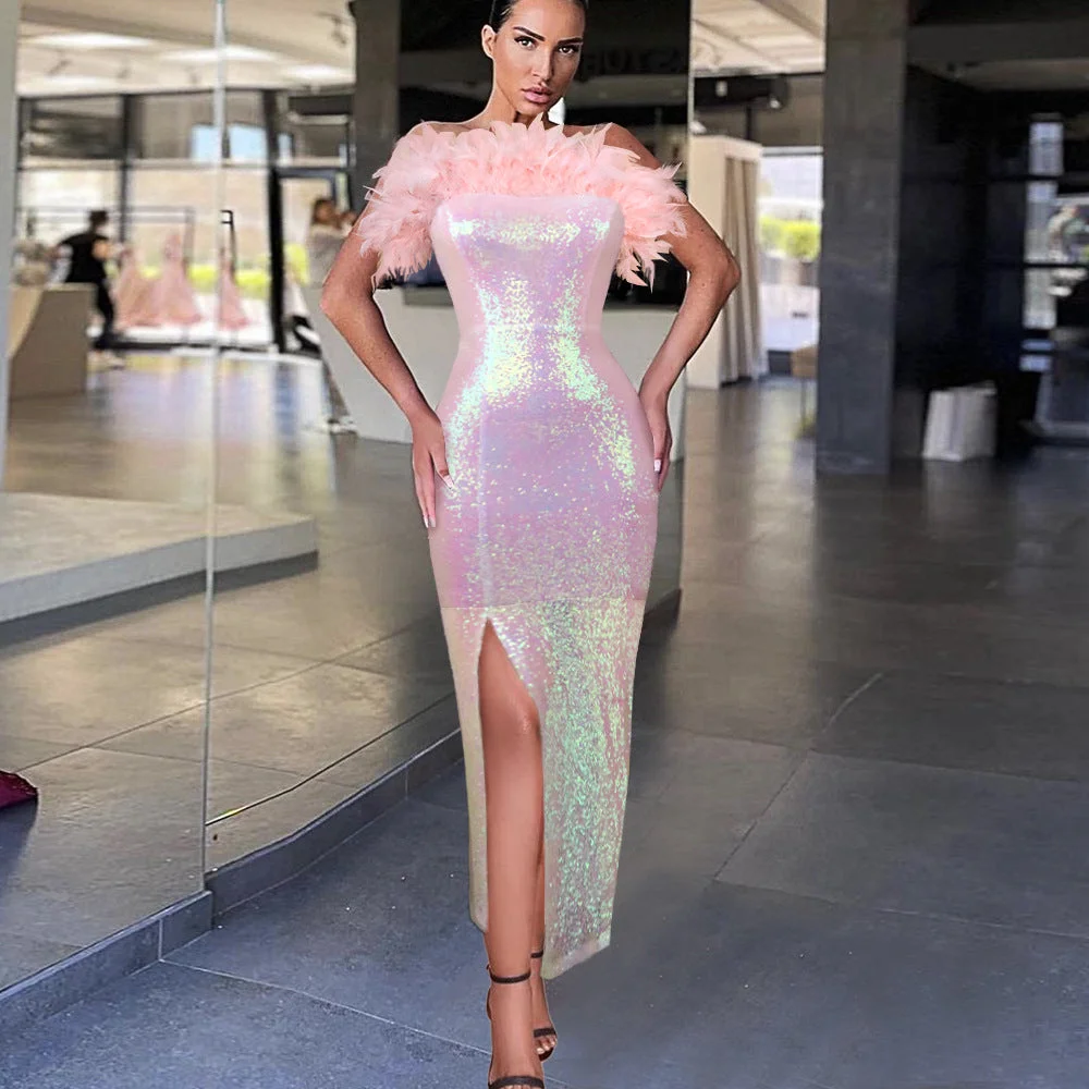 Neosepa-Sweet Off Shoulder Shimmering Sequins Sleeveless Feather Decorated Slit Party Dress