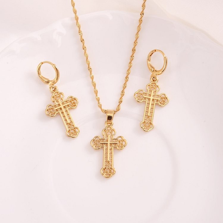 gold plated cross Pendant Necklace chain Earrings sets