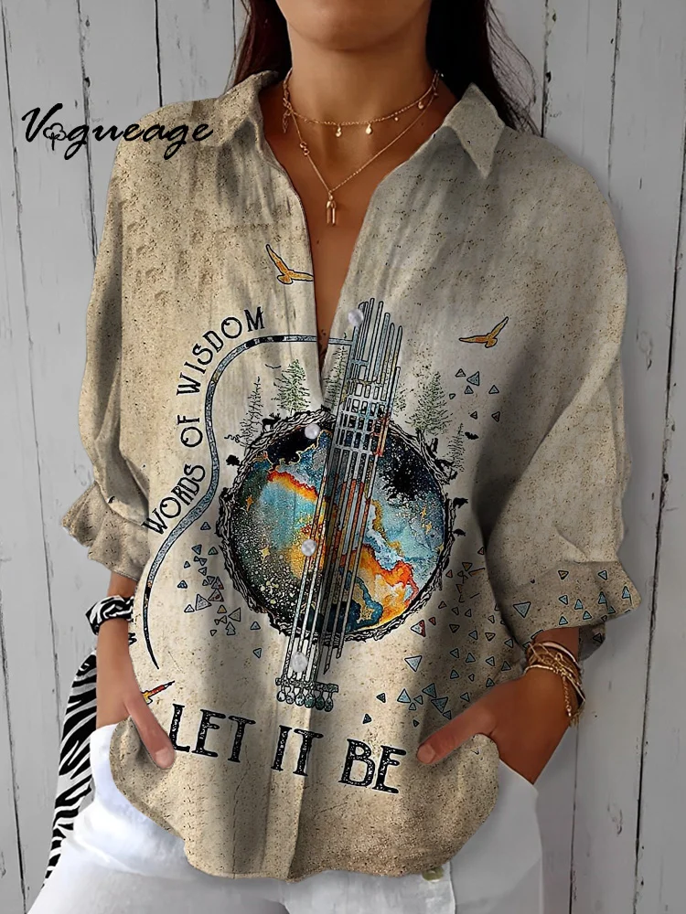 Simple Hand-Painted Colorful Guitar Peace Dove Print Cotton And Linen Shirt