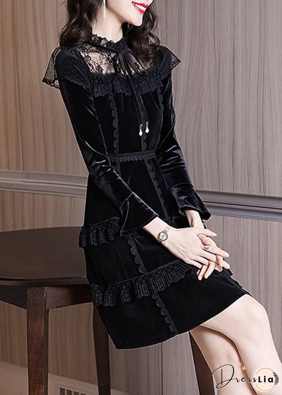 Stylish Black Ruffled Neck Tie Lace Patchwork Silk Velour Mid Dress Long Sleeve