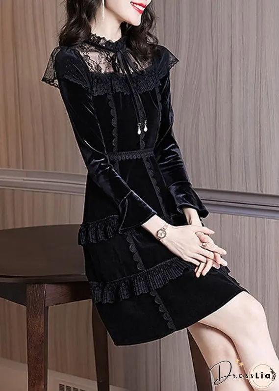 Stylish Black Ruffled Neck Tie Lace Patchwork Silk Velour Mid Dress Long Sleeve