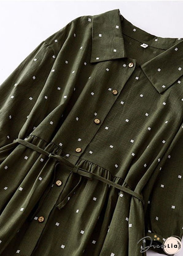 Green Print Patchwork Cotton Dresses Peter Pan Collar Tie Waist Summer