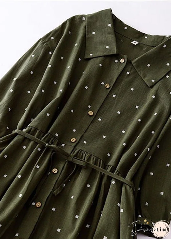 Green Print Patchwork Cotton Dresses Peter Pan Collar Tie Waist Summer