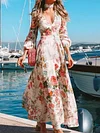 Floral Print Deep V-Neck Long Sleeve Empire Fashion Maxi Dress