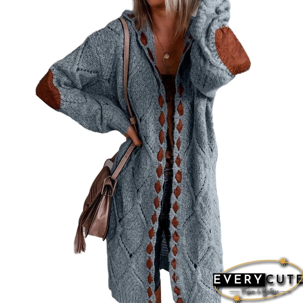 Blueish Gray Patch Knit Long Sleeve Cardigans