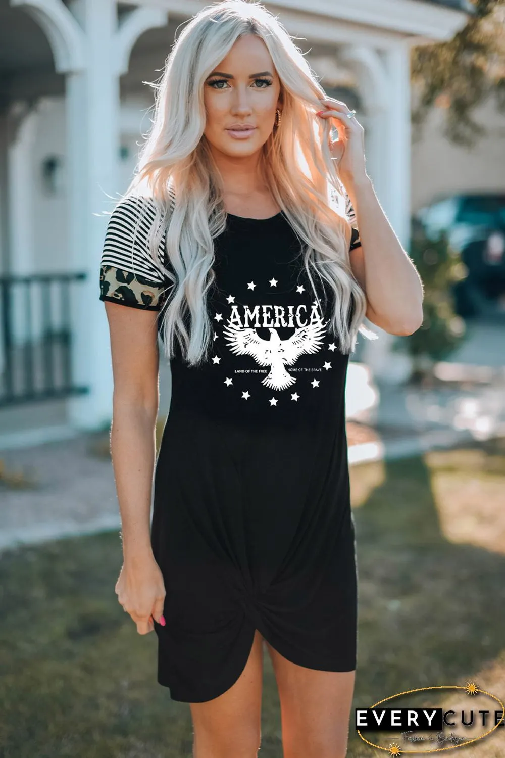 Black AMERICA Eagle Graphic Leopard Striped Sleeve Dress