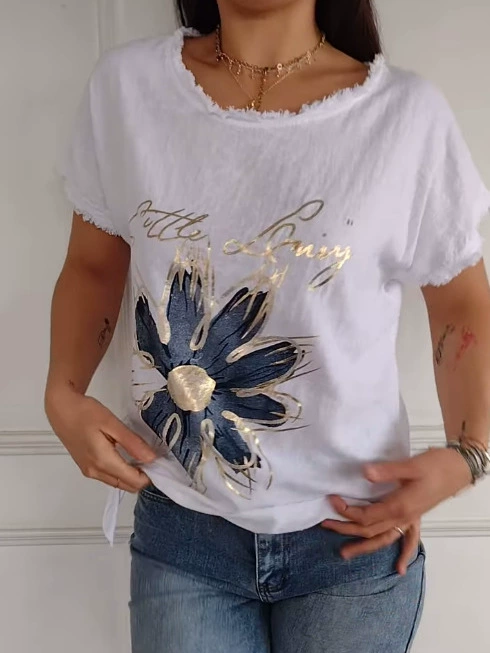Women'S Casual Round Neck Heat Transfer Top