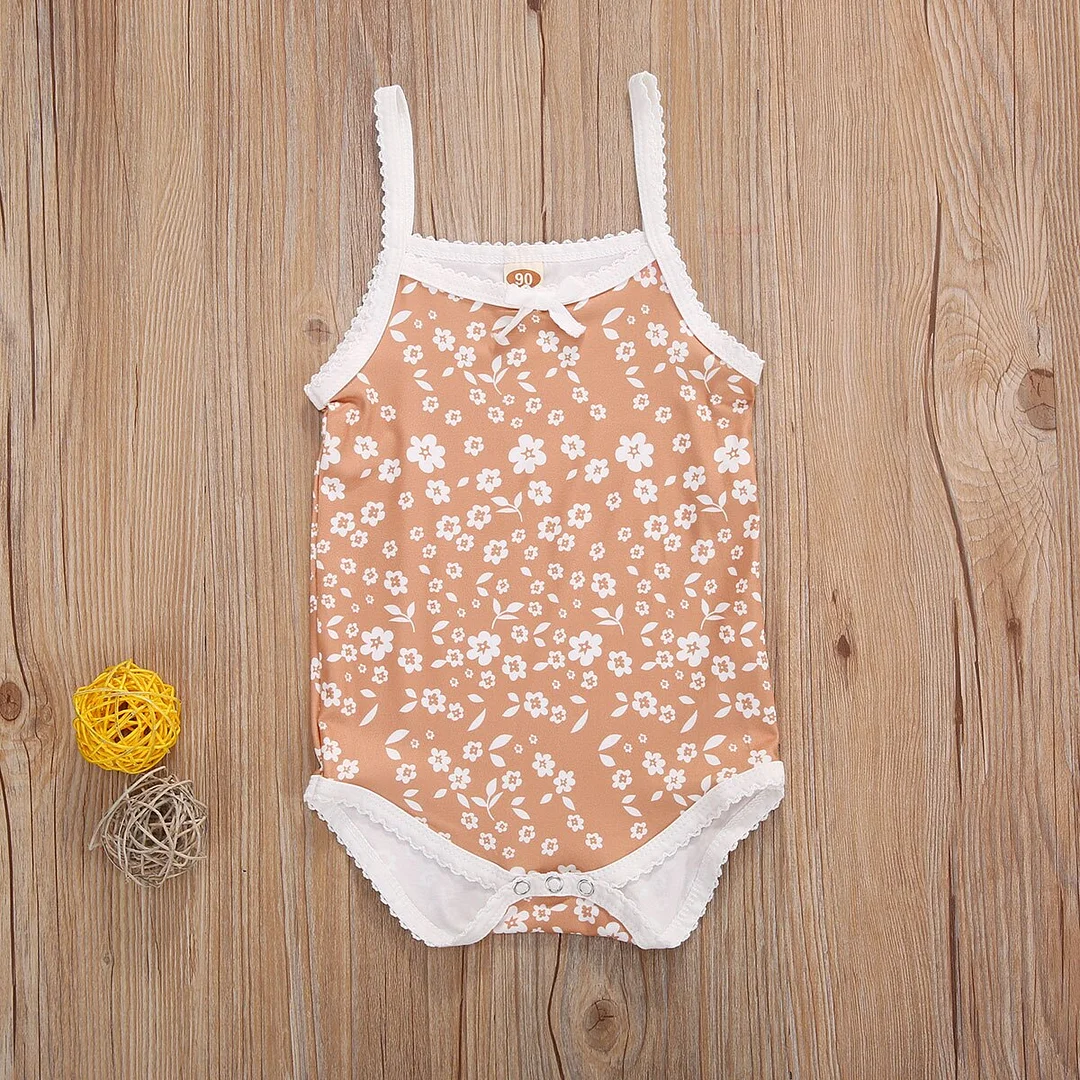 Infant Camisole Romper Floral Print Bow Decoration Bottom Buckle Summer Cool Lace Clothing