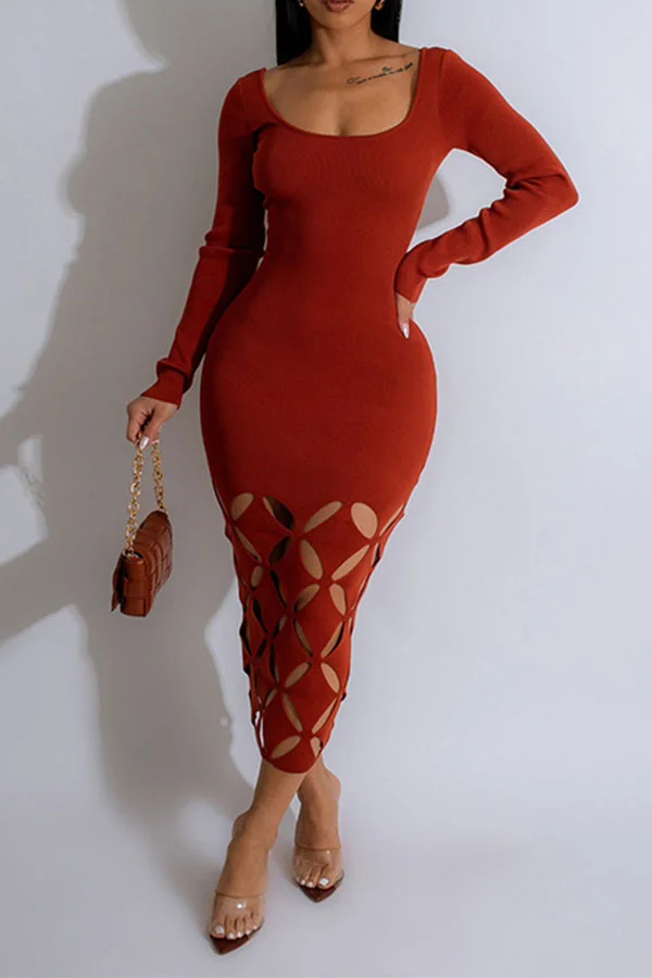 Solid Color Romantic Cutout Design Midi Dress