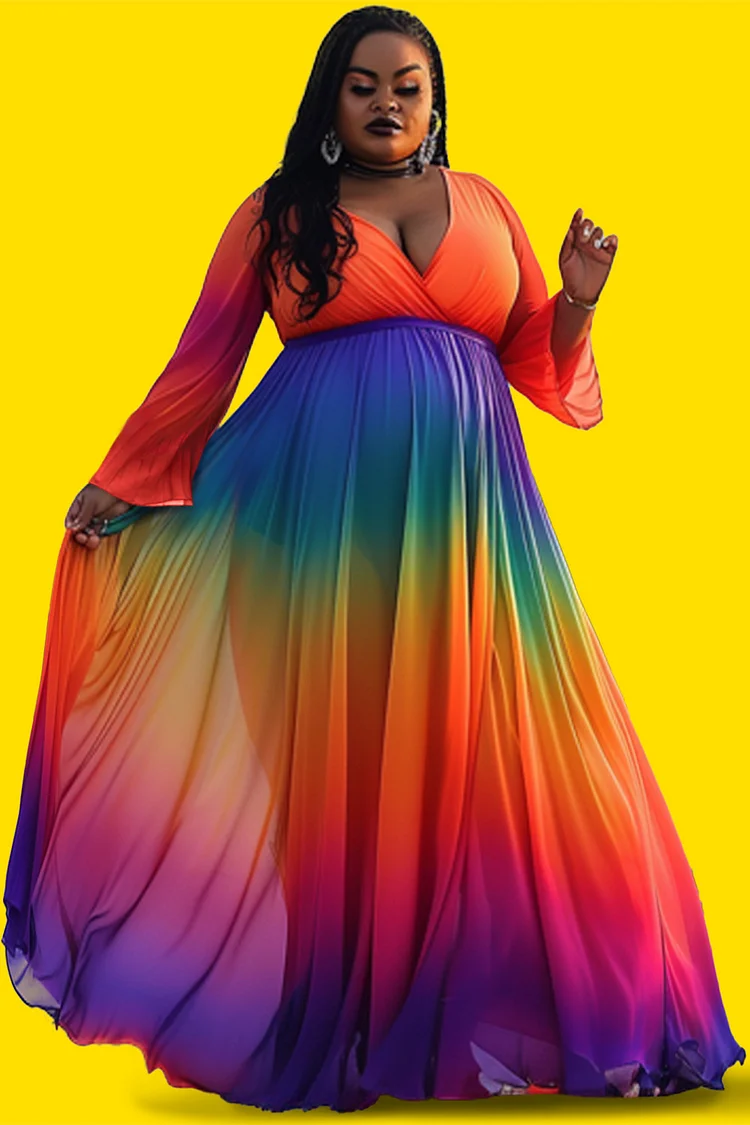 Xpluswear Design Plus Size Vacation Elegant Multicolor Gradient V Neck Long Sleeve Maxi Dresses